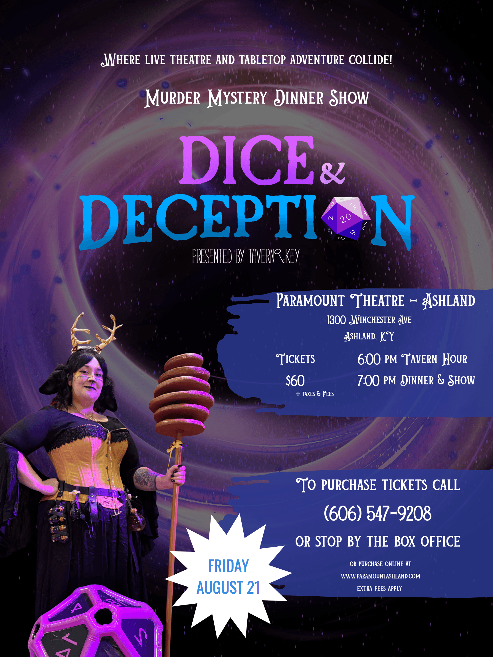 Dice and Deception murder mystery dinner show flyer for the Paramount Theatre in Ashland, Kentucky